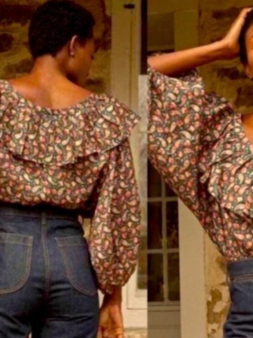 Doen Floral Puff-Sleeve Ruffled Blouse in Brown and Cream